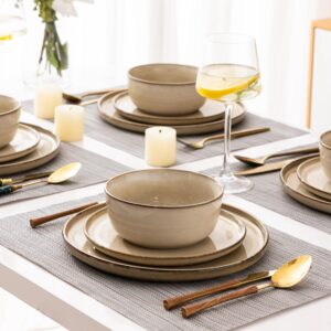 GBHOME Ceramic Dinnerware Sets for 4, 12 Pieces Stoneware Plates and Bowls Sets, Chip and Scratch Resistant Dishes, Dishwasher & Microwave Safe, Reactive Glaze-Cappuccino