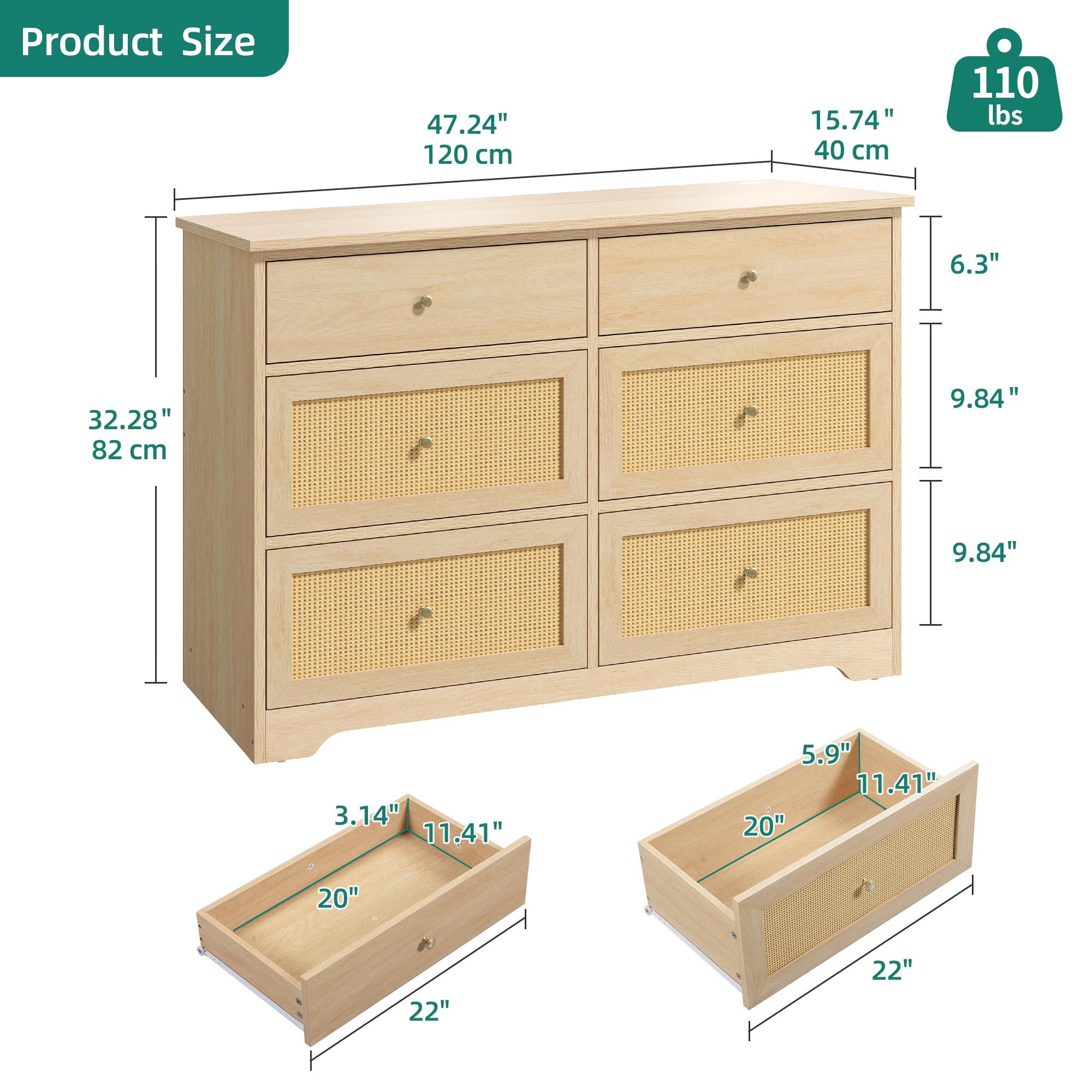 YITAHOME Rattan Dressers & Chests of Drawers，6 Drawer Modern Closet Dresser, Natural