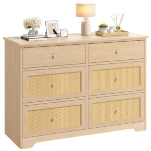 yitahome rattan dressers & chests of drawers，6 drawer modern closet dresser, natural