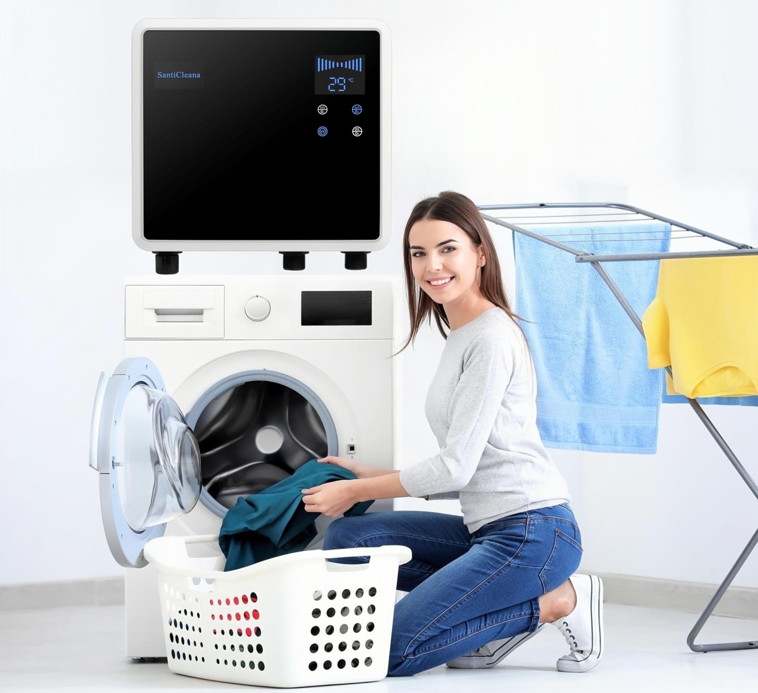 SantiCleana Ozone Laundry Washer System - 2 Outlets! - Stainless Sprayer - Black Hose