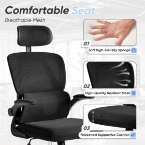 JUMMICO Ergonomic Office Chair, High Back Desk Chair with Adjustable Headrest and Flip-Up Arms, Mesh Computer Chair with Lumbar Support, Gaming Chair, Swivel Task Chair for Home Office, Black