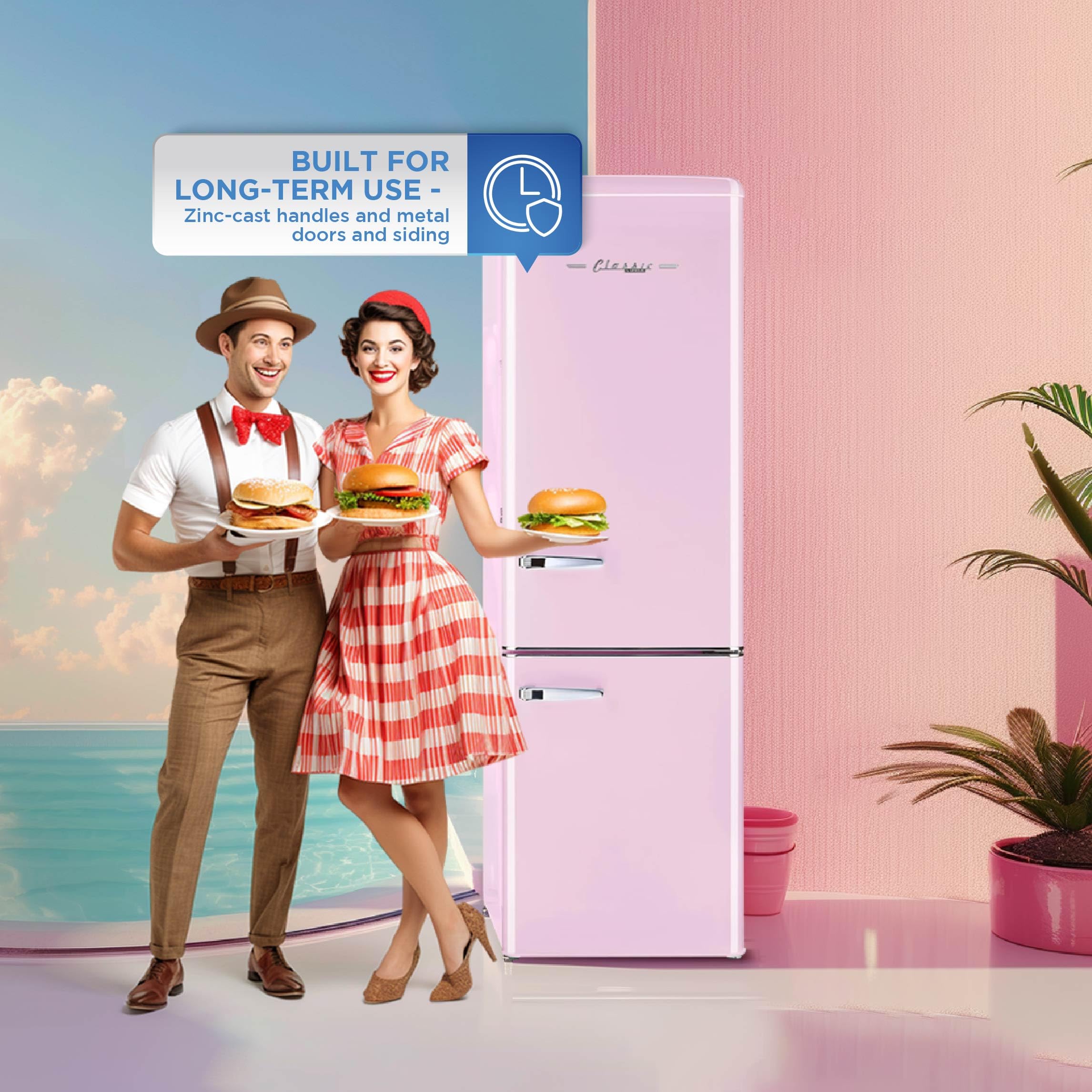 Unique Appliances UGP-275L BP AC Classic Retro Refrigerator 9 cu./ft. Electric Bottom-Mount Fridge, Metal, Sliding Non-Reversible Doors, Ideal for Fresh and Frozen Foods, Bubblegum Pink