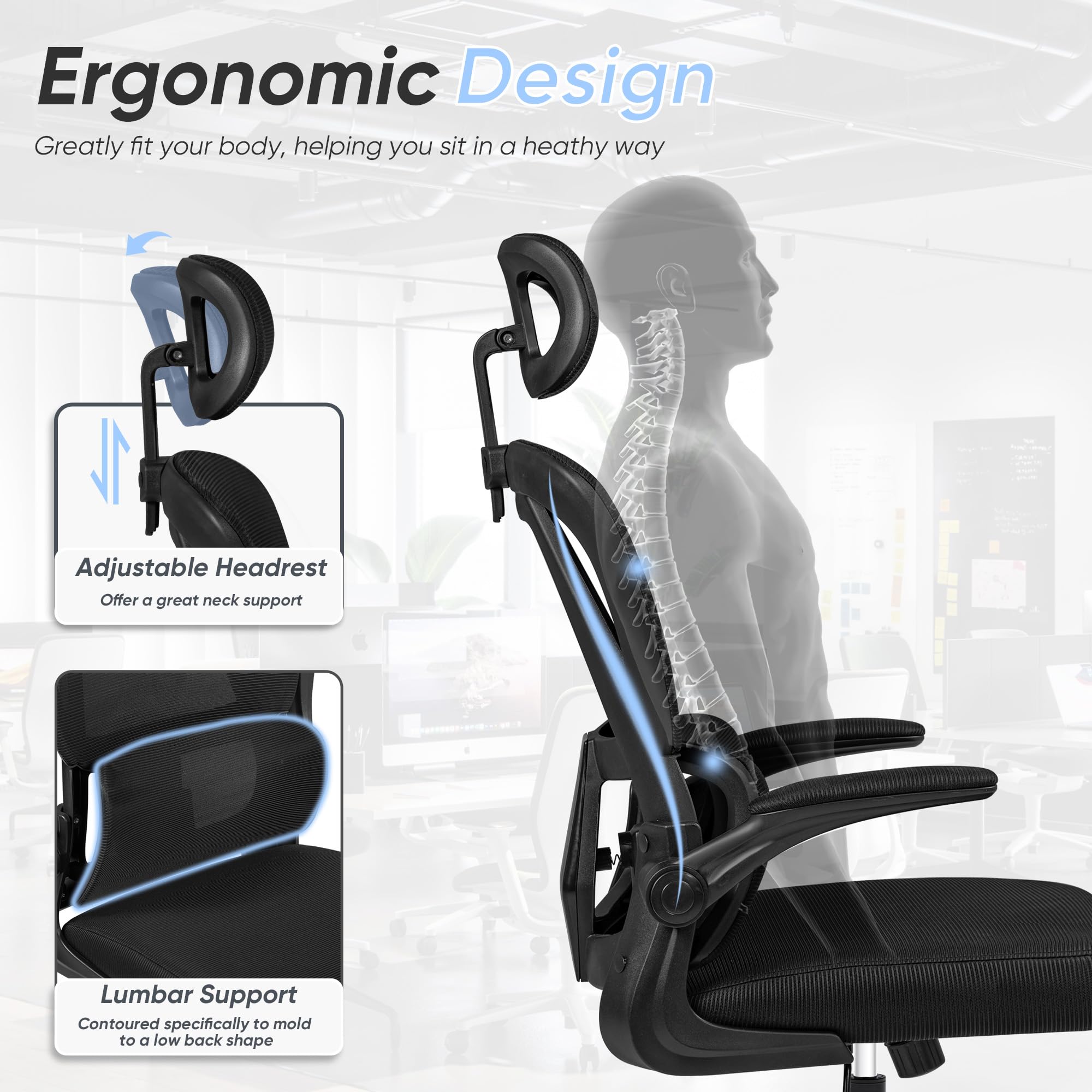 JUMMICO Ergonomic Office Chair, High Back Desk Chair with Adjustable Headrest and Flip-Up Arms, Mesh Computer Chair with Lumbar Support, Gaming Chair, Swivel Task Chair for Home Office, Black