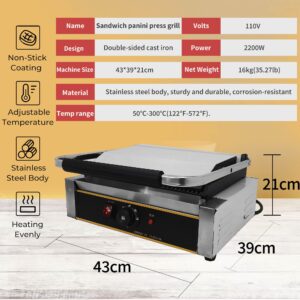 Yovtekc Commercial Panini Press Grill Flat 110V, Electric Stainless Steel Sandwich Panini Maker Non-stick 2200W, Temperature Control 122℉-572℉ for Hamburgers Steaks Bacons