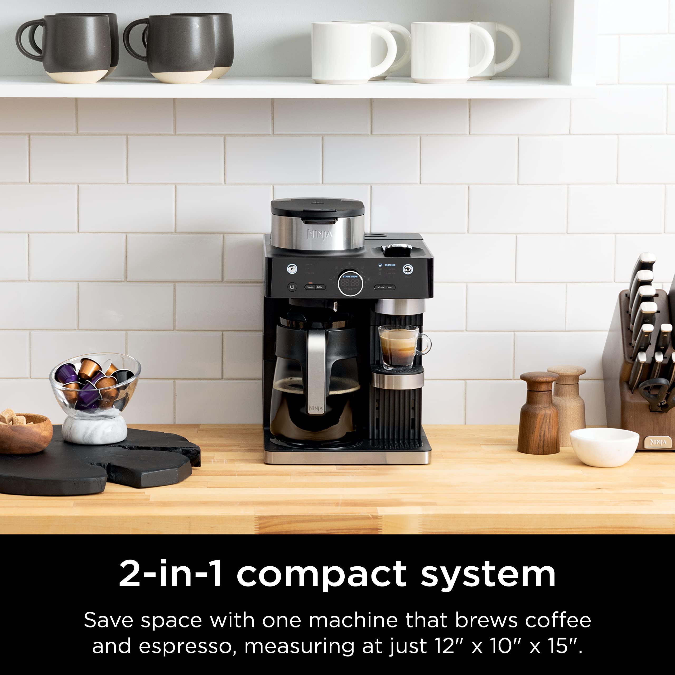 Ninja Espresso & Coffee Barista System, Single-Serve Coffee & Nespresso Capsule Compatible, 12-Cup Carafe, Built-in Frother, Black and Stainless Steel, CFN601C (Canadian Version)