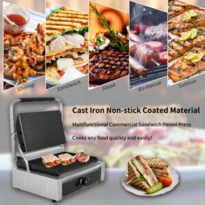 Yovtekc Commercial Panini Press Grill Flat 110V, Electric Stainless Steel Sandwich Panini Maker Non-stick 2200W, Temperature Control 122℉-572℉ for Hamburgers Steaks Bacons