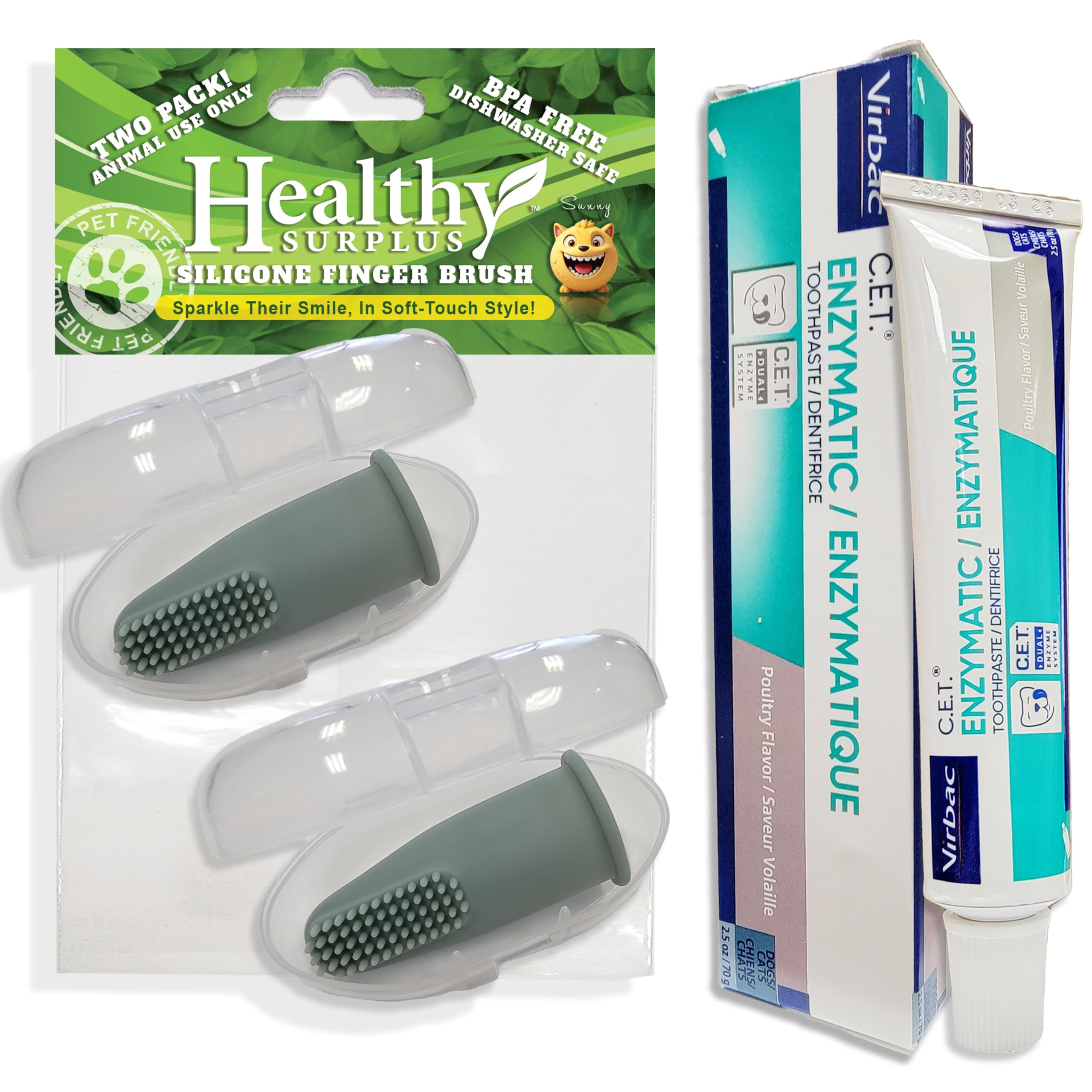 Healthy Surplus Silicone Finger Brush Twin Pack | 1 Virbac CET Enzymatic Poultry Toothpaste 2.5 oz/70 g | Fresh Breath, Plaque & Tartar Control | Dog Tooth Brushing Kit Oral Care for Pets