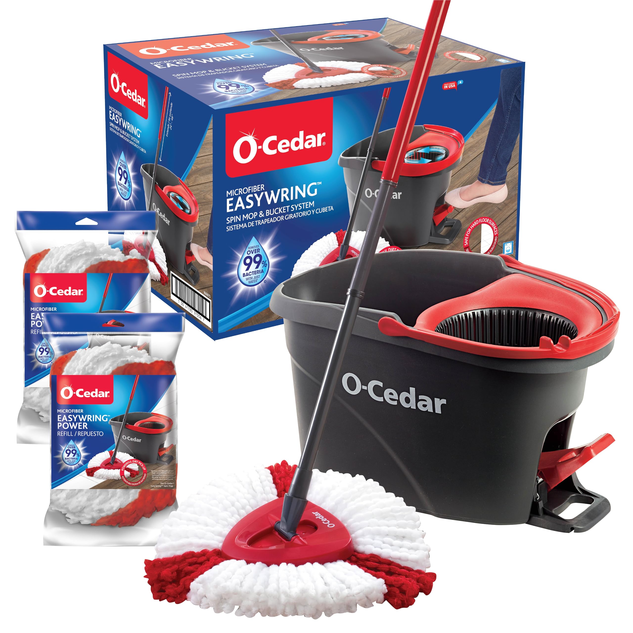 O-Cedar EasyWring Spin Mop & Bucket Floor Cleaning System + 2 EASYWRING Power Refills