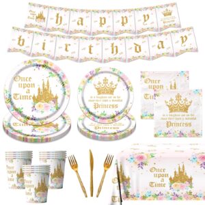 dydamud princess castle birthday party decoration, once upon a time pink floral tableware include princess party plates and napkin sets for girls birthday party, baby shower