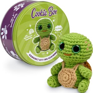 cookie box crochet kit for beginners - learn to crochet amigurumi stuffed animals - gift - for kids (13+) and adults - beginner-friendly yarn - stitch-by-stitch video tutorial - turtle hugo