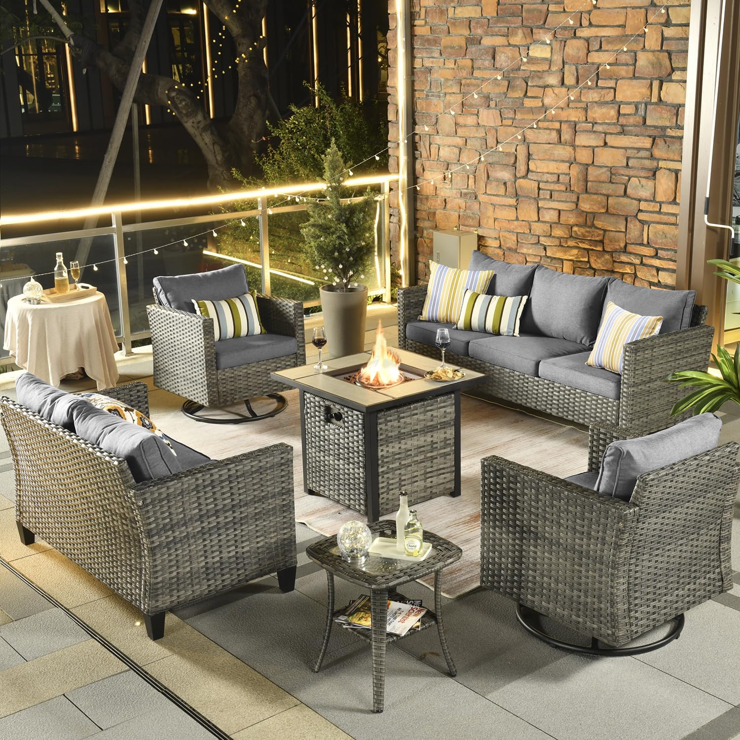 HOOOWOOO Patio Outdoor Conversation Set with Fire Pit Table,6 Piece Modern Outside Furniture with Swivel Rocking Chairs,PE Wicker Out Door Furniture Sofa Set(Dark Grey)