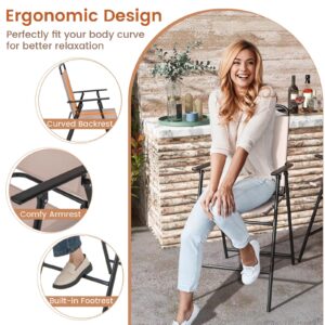 Tangkula Outdoor Folding Bar Stool Set of 2, Patio Dining Chairs w/Breathable Fabric & Metal Frame, Outdoor Bar-Height Stools w/Armrests, Portable Bar Chairs for Backyard Poolside Balcony (1)