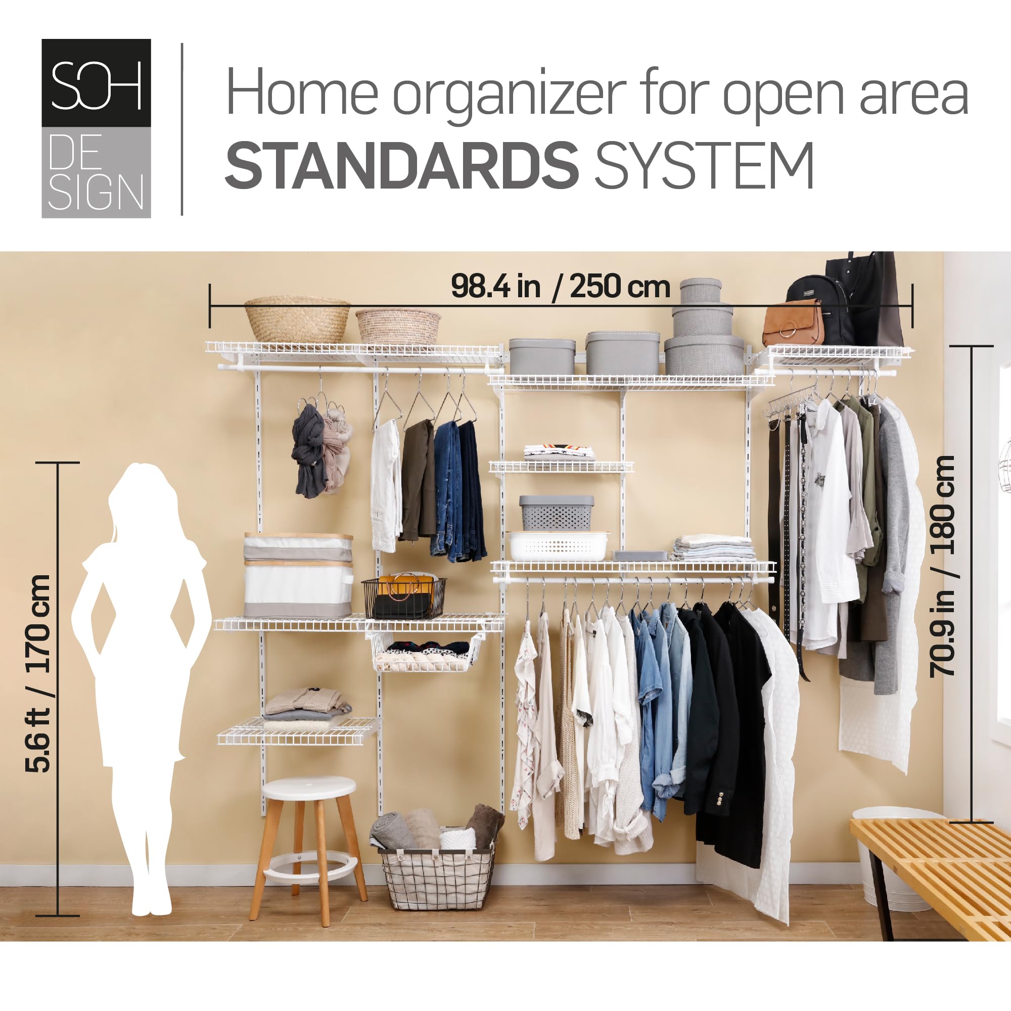 SOH DESIGN Adjustable White Wire Closet Shelf Kit, 6 to 8 FT Expandable Organizer System for Versatile Home Storage