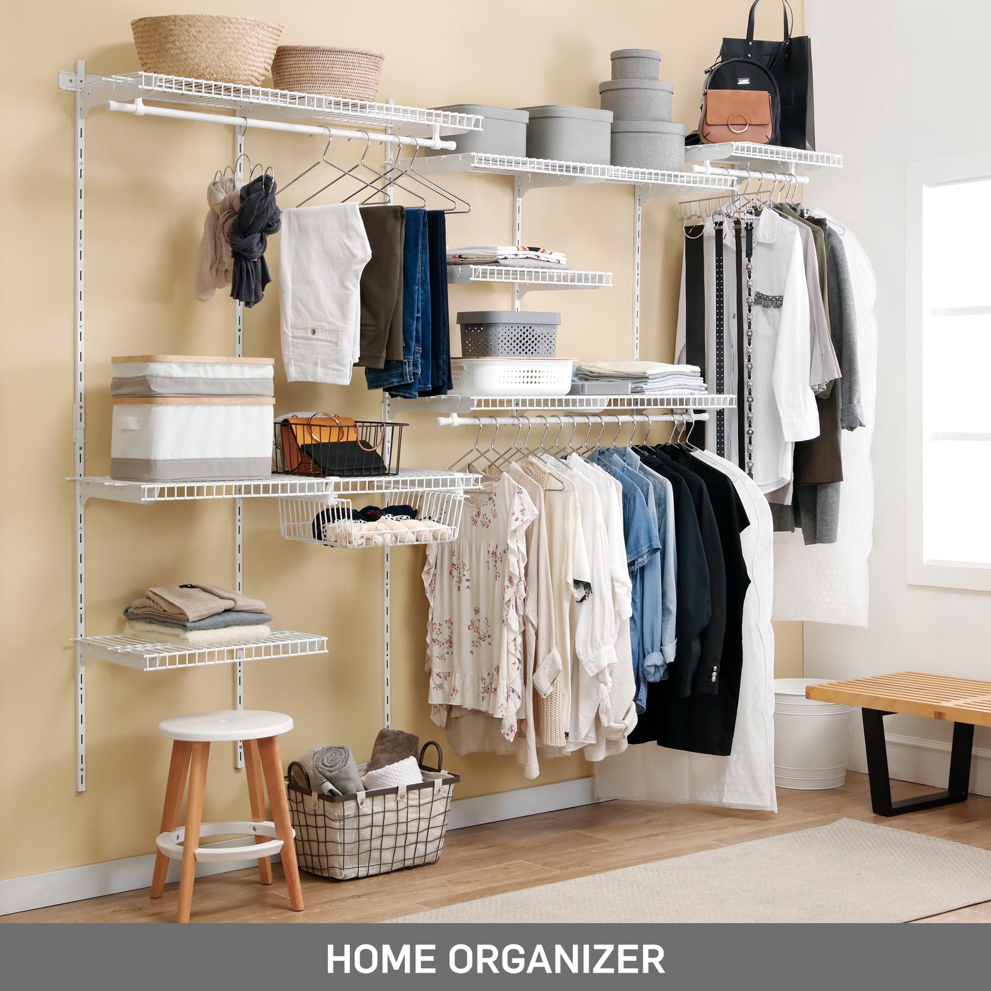 SOH DESIGN Adjustable White Wire Closet Shelf Kit, 6 to 8 FT Expandable Organizer System for Versatile Home Storage