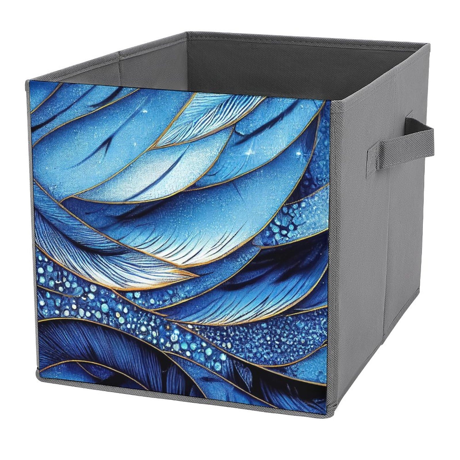 MEIKKO Blue Feathers Glitter Storage Cubes,Fabric Collapsible Storage Bins with Dual Handles, Foldable Cube Baskets for Shelf,Closet Organizers And Storage Box