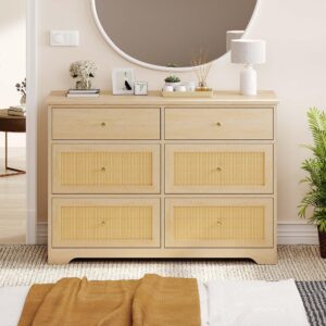 YITAHOME Rattan Dressers & Chests of Drawers，6 Drawer Modern Closet Dresser, Natural