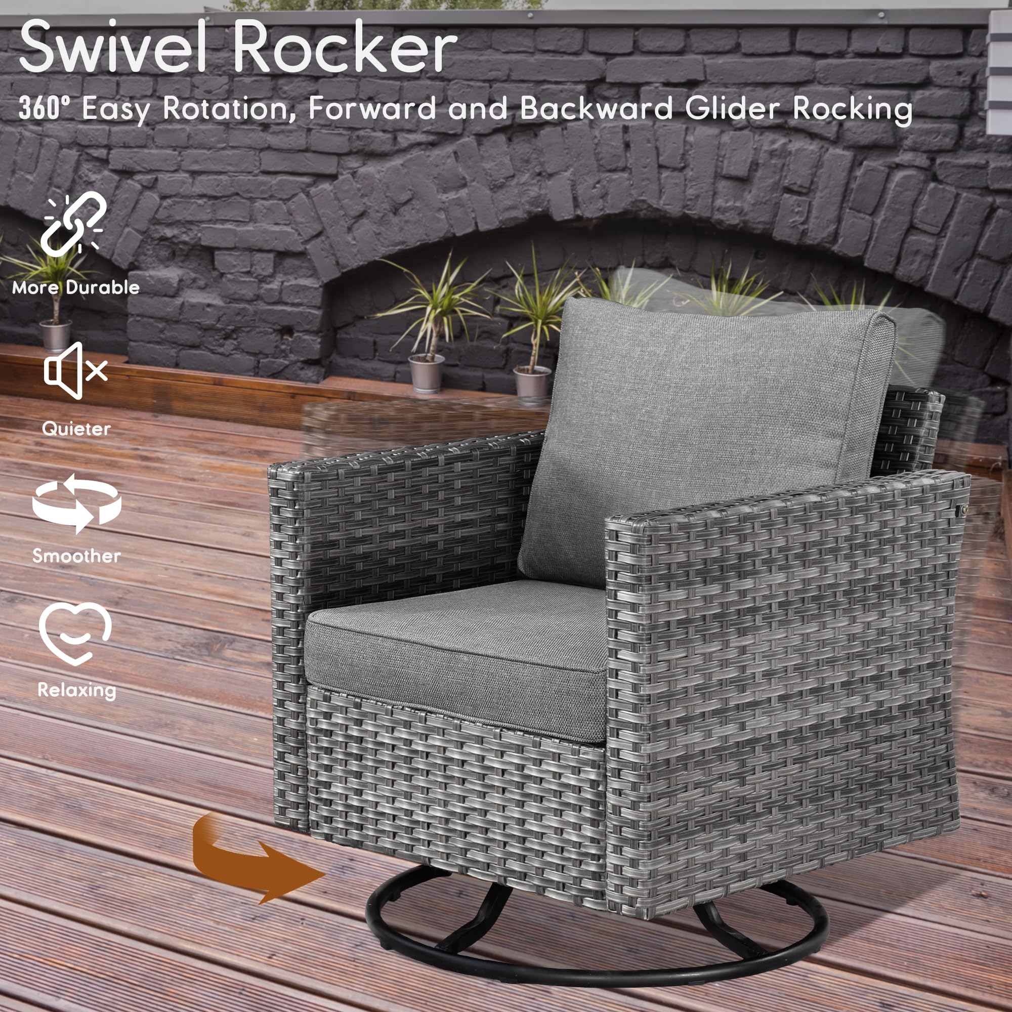 HOOOWOOO Patio Outdoor Conversation Set with Fire Pit Table,6 Piece Modern Outside Furniture with Swivel Rocking Chairs,PE Wicker Out Door Furniture Sofa Set(Dark Grey)