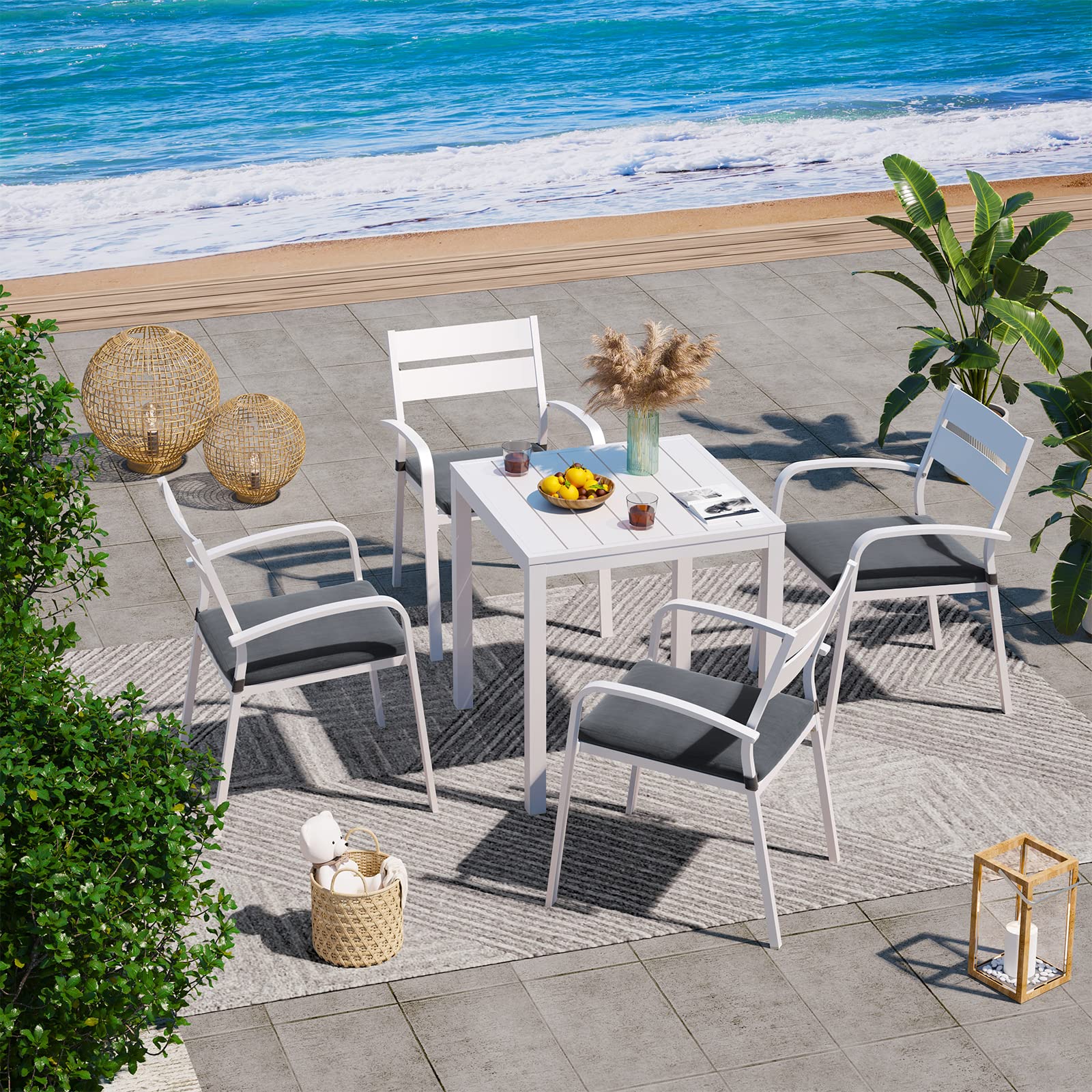 Soleil Jardin Outdoor Aluminum 4-Piece Patio Dining Chairs with Cushions, Stackable Bistro Chairs for Balcony, Garden, Backyard, White Finish & Grey Cushion