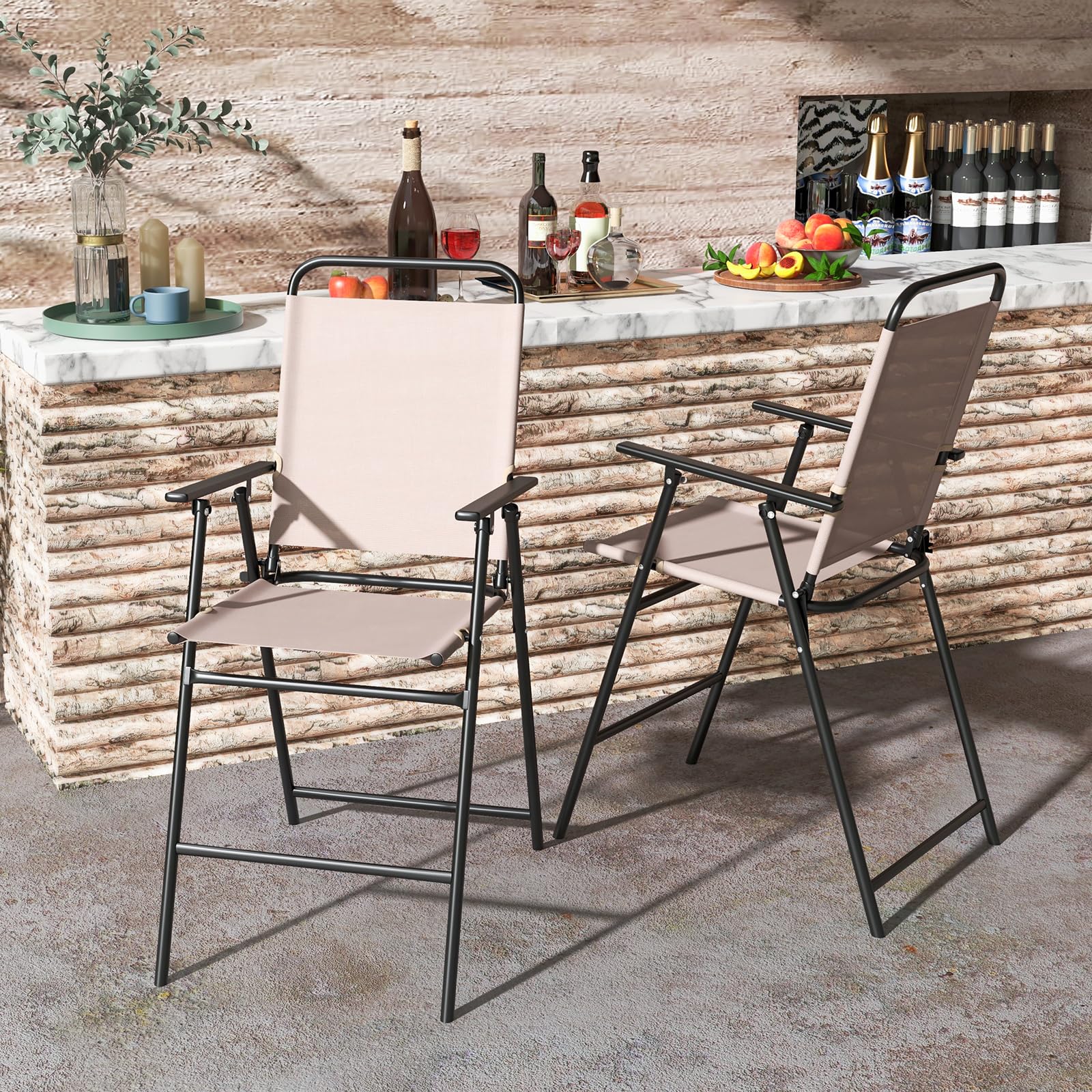 Tangkula Outdoor Folding Bar Stool Set of 2, Patio Dining Chairs w/Breathable Fabric & Metal Frame, Outdoor Bar-Height Stools w/Armrests, Portable Bar Chairs for Backyard Poolside Balcony (1)