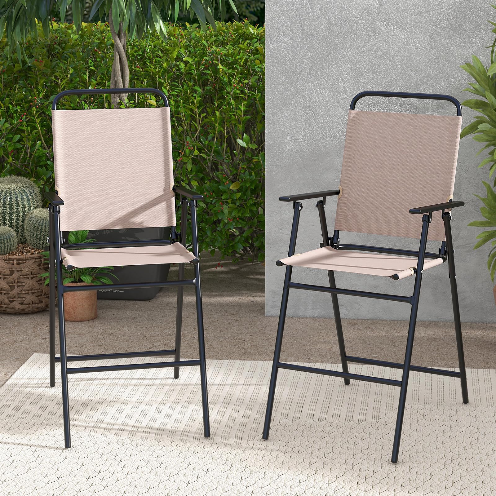 Tangkula Outdoor Folding Bar Stool Set of 2, Patio Dining Chairs w/Breathable Fabric & Metal Frame, Outdoor Bar-Height Stools w/Armrests, Portable Bar Chairs for Backyard Poolside Balcony (1)