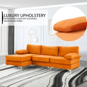 Casa Andrea Milano L-Shape Velvet Fabric Sectional Sofa Couch with Extra Wide Chaise, Couch for Living Room Apartment Lounge, Orange