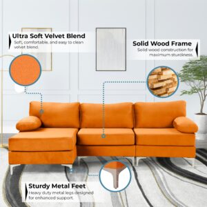 Casa Andrea Milano L-Shape Velvet Fabric Sectional Sofa Couch with Extra Wide Chaise, Couch for Living Room Apartment Lounge, Orange