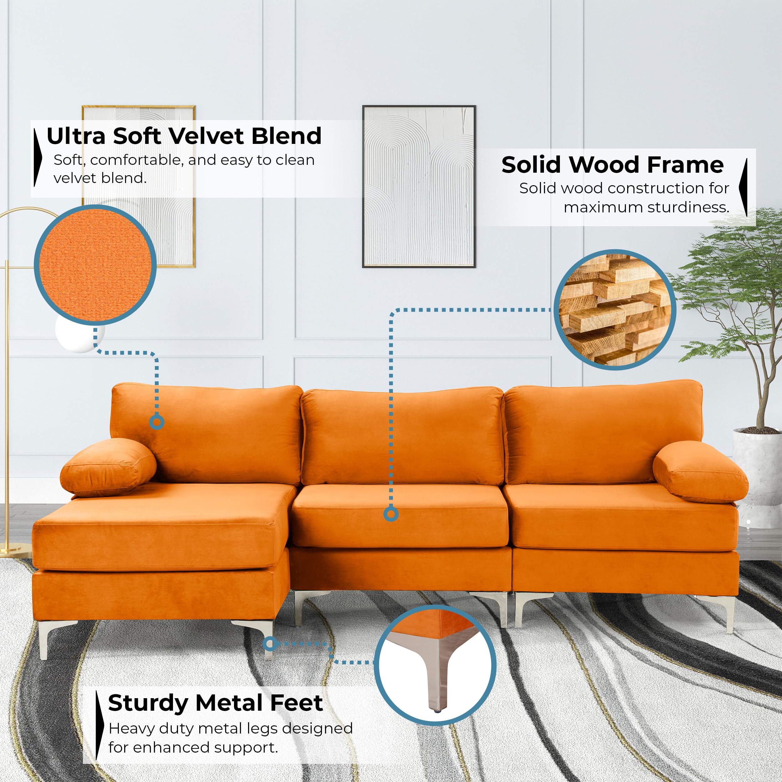 Casa Andrea Milano L-Shape Velvet Fabric Sectional Sofa Couch with Extra Wide Chaise, Couch for Living Room Apartment Lounge, Orange