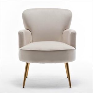 Container Furniture Direct Trendy Velvet Accent Chair with Gold Metal Legs, Upholstered Armchair for Small to Mid-Size Spaces, Modern Living Room, Bedroom, Vanity Desk and Entryway, Medium, Ivory