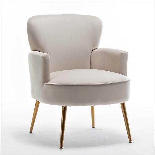 Container Furniture Direct Trendy Velvet Accent Chair with Gold Metal Legs, Upholstered Armchair for Small to Mid-Size Spaces, Modern Living Room, Bedroom, Vanity Desk and Entryway, Medium, Ivory