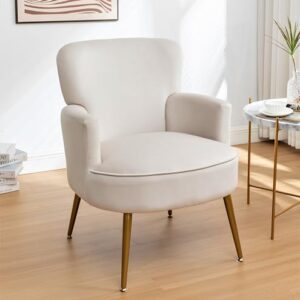 Container Furniture Direct Trendy Velvet Accent Chair with Gold Metal Legs, Upholstered Armchair for Small to Mid-Size Spaces, Modern Living Room, Bedroom, Vanity Desk and Entryway, Medium, Ivory