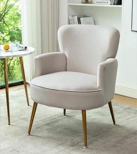 Container Furniture Direct Trendy Velvet Accent Chair with Gold Metal Legs, Upholstered Armchair for Small to Mid-Size Spaces, Modern Living Room, Bedroom, Vanity Desk and Entryway, Medium, Ivory