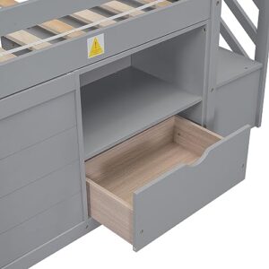 Low Loft Bed with Stairs, Twin Size Storage Loft Bed Frame with Drawers and Shelves, Kids Wooden Loft Bed with Steps for Boys Girls Teens, Gray