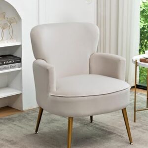 Container Furniture Direct Trendy Velvet Accent Chair with Gold Metal Legs, Upholstered Armchair for Small to Mid-Size Spaces, Modern Living Room, Bedroom, Vanity Desk and Entryway, Medium, Ivory