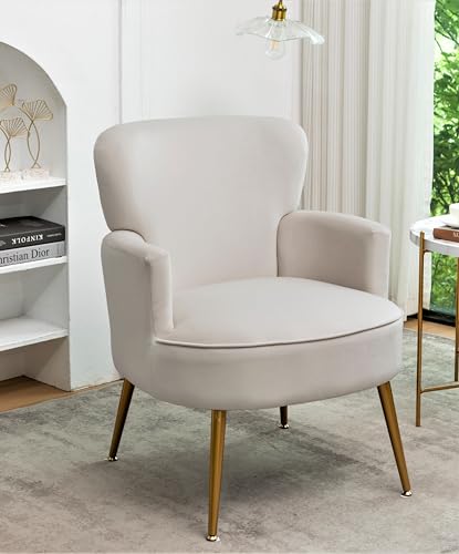 Container Furniture Direct Trendy Velvet Accent Chair with Gold Metal Legs, Upholstered Armchair for Small to Mid-Size Spaces, Modern Living Room, Bedroom, Vanity Desk and Entryway, Medium, Ivory