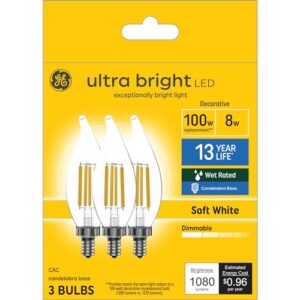 ge ultra bright led light bulbs, 100w, soft white candle lights, clear decorative ca12 light bulbs, candelabara base, 3 count (pack of 1)