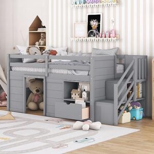 low loft bed with stairs, twin size storage loft bed frame with drawers and shelves, kids wooden loft bed with steps for boys girls teens, gray