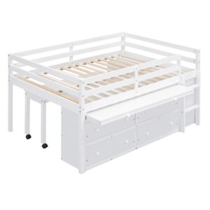 Low Loft Bed with Desk and Storage, Full Size Kids Loft Bed Frame with 4 Drawers and Rolling Portable Desk for Children and Teens, Boys, Girls, White