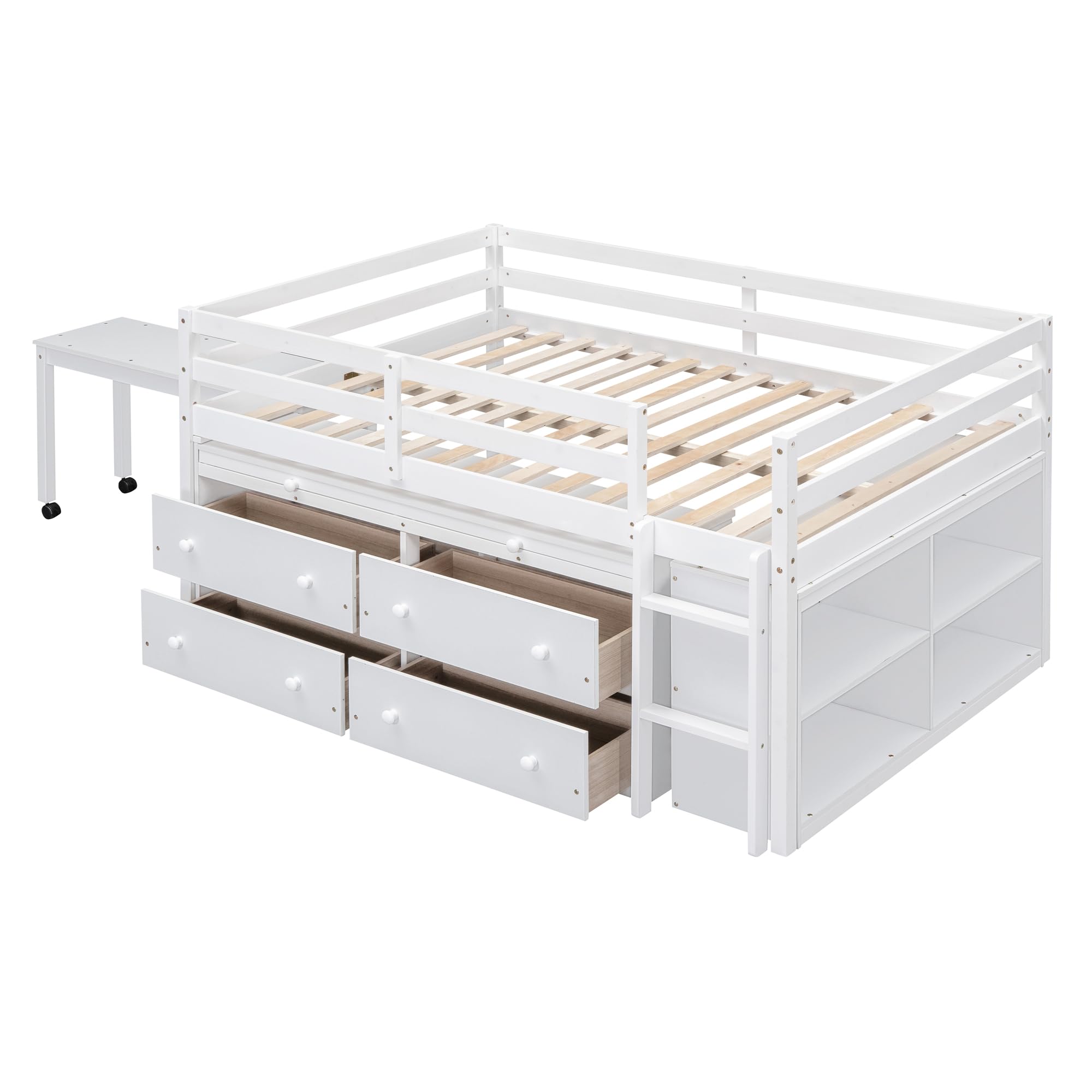 Low Loft Bed with Desk and Storage, Full Size Kids Loft Bed Frame with 4 Drawers and Rolling Portable Desk for Children and Teens, Boys, Girls, White