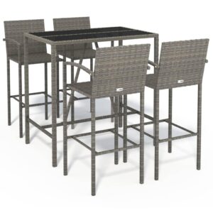 vidaXL 5 Piece Patio Bar Set - Poly Rattan Outdoor Furniture - Gray - Weather-Resistant - Tempered Glass Tabletop - Easy Assembly