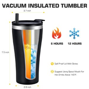 Yawbay Insulated Coffee Tumbler With Built-In Straw, 20 oz Travel Coffee Mug With 2-In-1 Lid, Spill Proof Tumbler With Straw, Stainless Steel Double Wall Vacuum Ice Coffee Thermal Cup (Black)