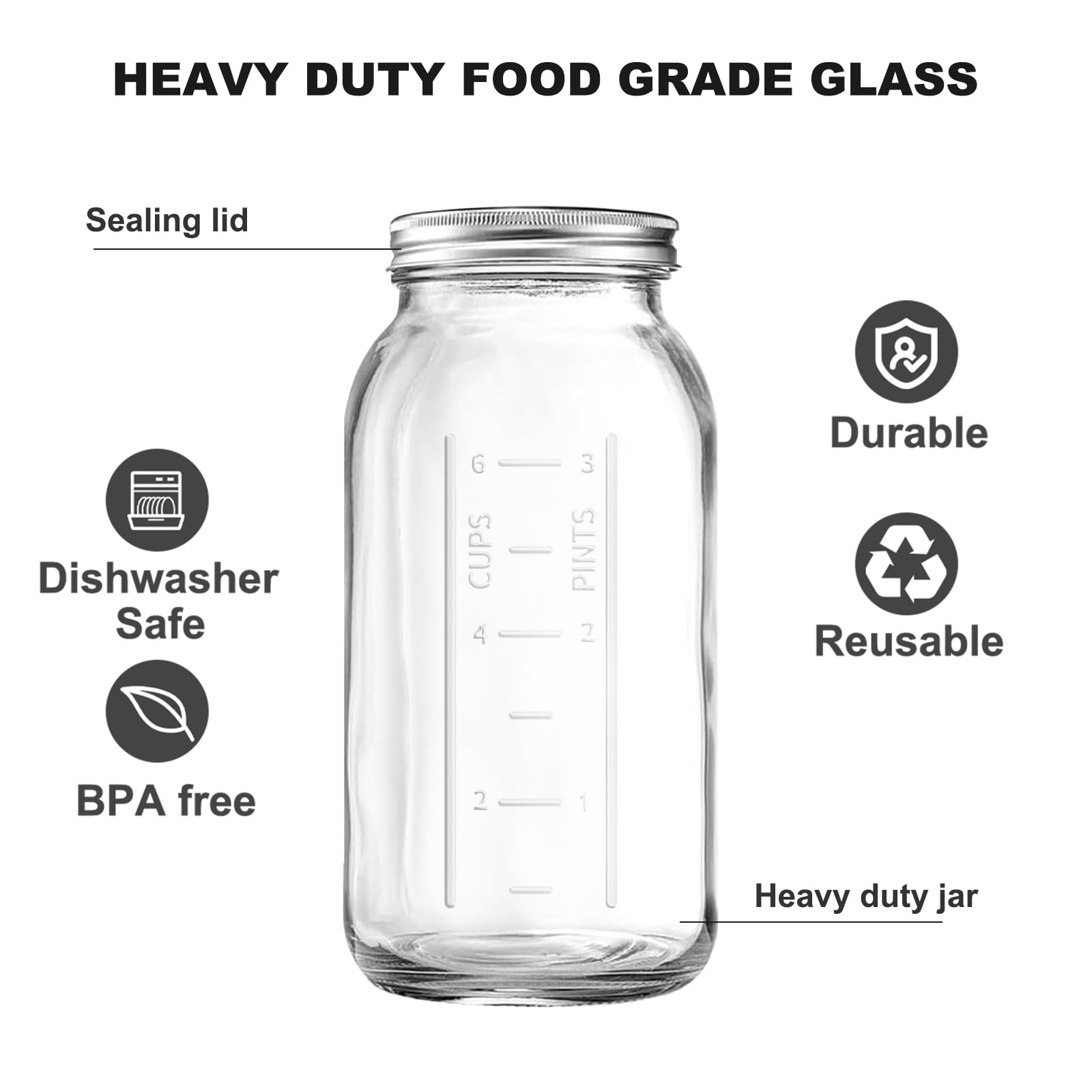 Xylanor 64 OZ Wide Mouth Mason Jars with Lids, Heavy Duty Glass Airtight Storage Canning Jar and Band Half Gallon / 2 Quart, Set of 3