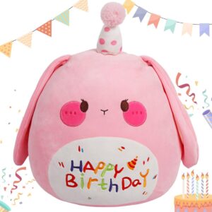 ARELUX Large 18in Cute Bunny Cuddle Plush Soft Bunny Stuffed Animal Birthday Pillow Kids Huggable Rabbit Plushie Toy Big Size Happy Birthday Party Decoration Plushies Gift for Friends Boys Girls Pink