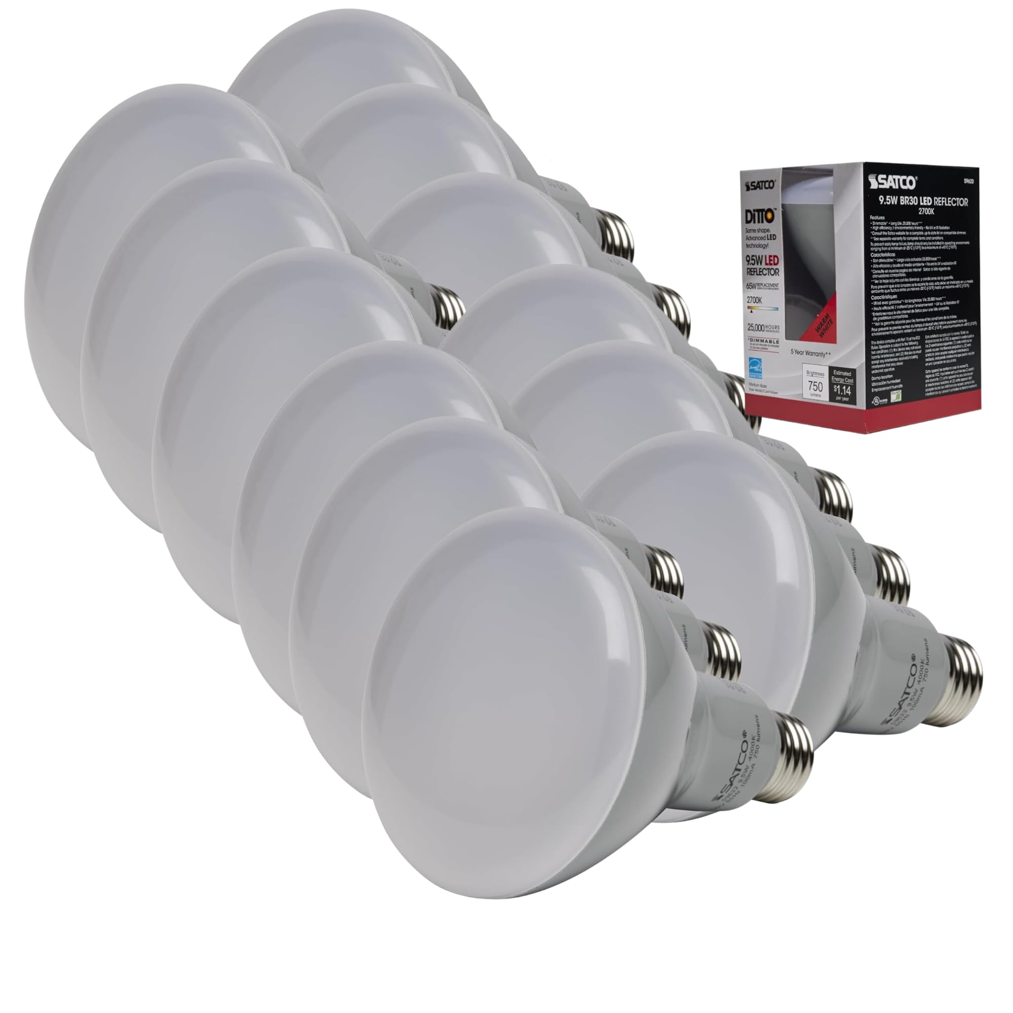 Satco S9620-9.5 Watt; BR30 LED Bulb; 2700K (12 LED Light Bulbs)