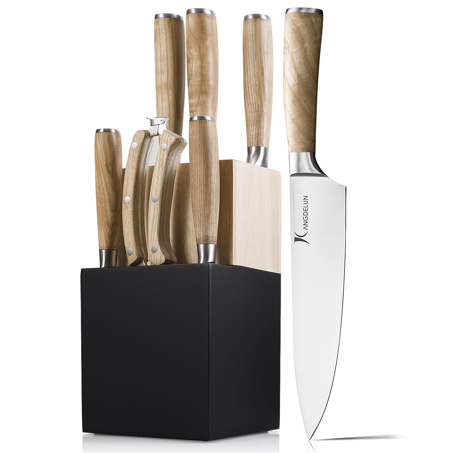 Kangdelun Natura Series 8 PCS Knife Block Set, Ultra Sharp High Carbon Stainless Steel with Wooden Handle