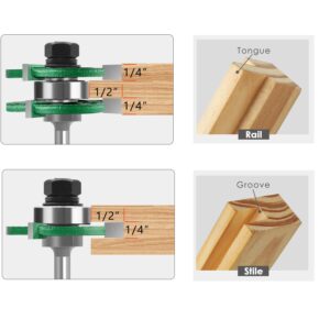 TOTOWOOD Pro Tongue and Groove Router Bit Set of 2 Pieces 1/4 Inch Shank Router Bit Set 3 Teeth Adjustable T Shape Wood Milling Cutter (Tongue and Groove Router Bit 1/4 Shank)