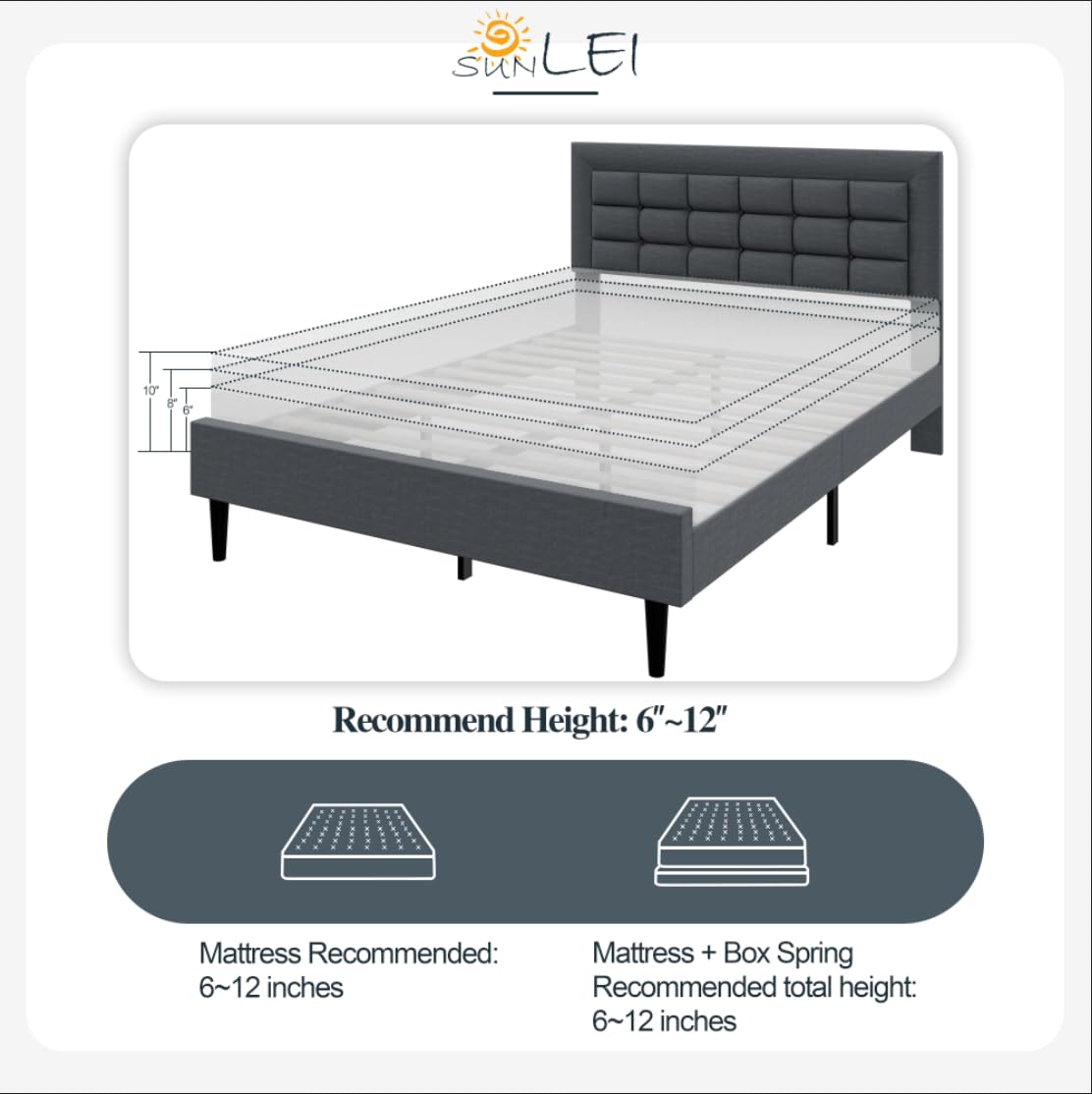 SUNLEI Bed Frame with Square Stitched Button Tufted Headboard, Queen Upholstered Platform Bed with 12" Storage Space & Linen Fabric, Solid Wood Slats Support, No Box Spring Needed, Grey