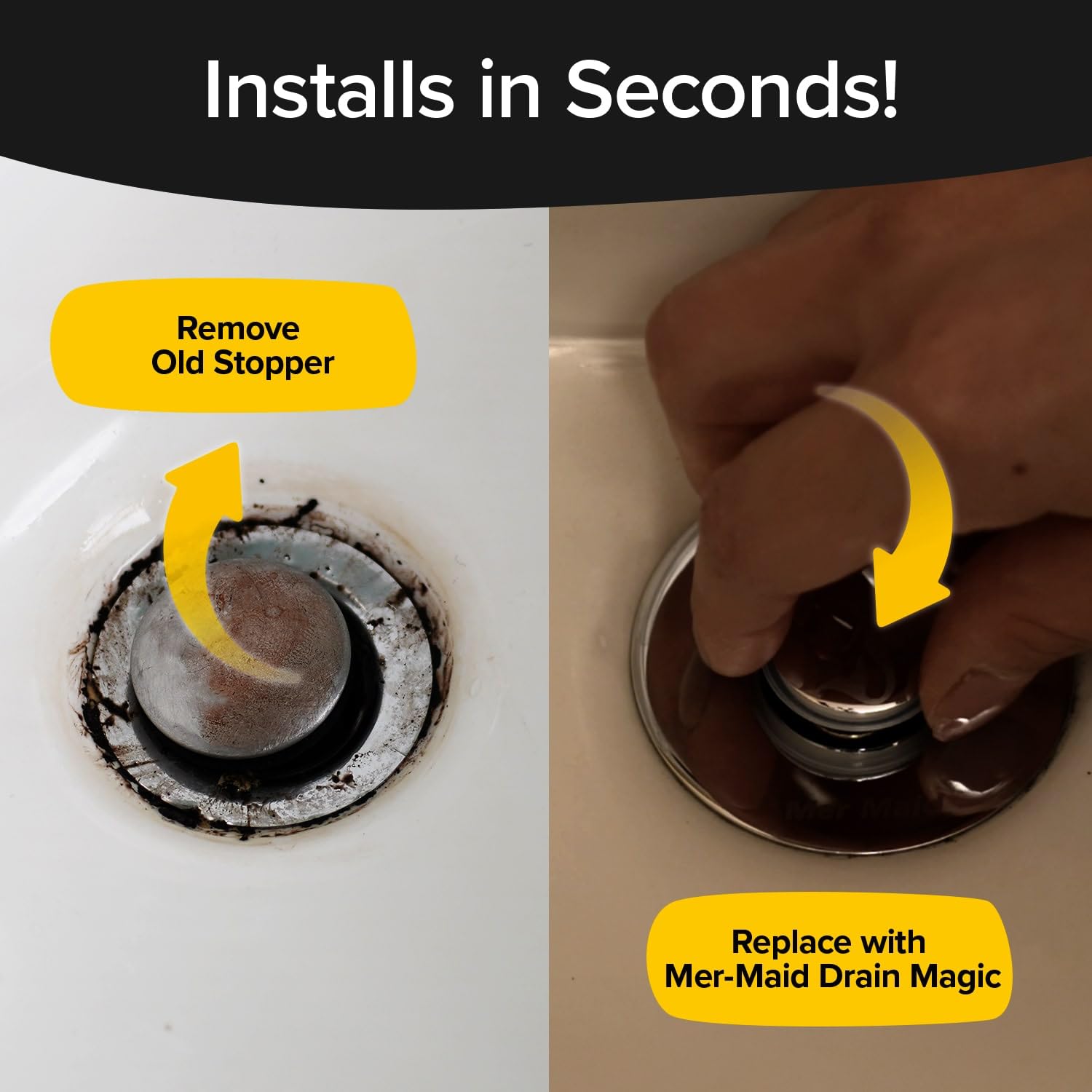 Mer-Maid Drain Magic AS-SEEN-ON-TV Replace Broken or Missing Bathroom Drain Stoppers in Seconds, No Tools, Push To Fill, Hair Catcher Prevents Clogs, Watertight Silicone Seal,Chrome Plated Solid Brass