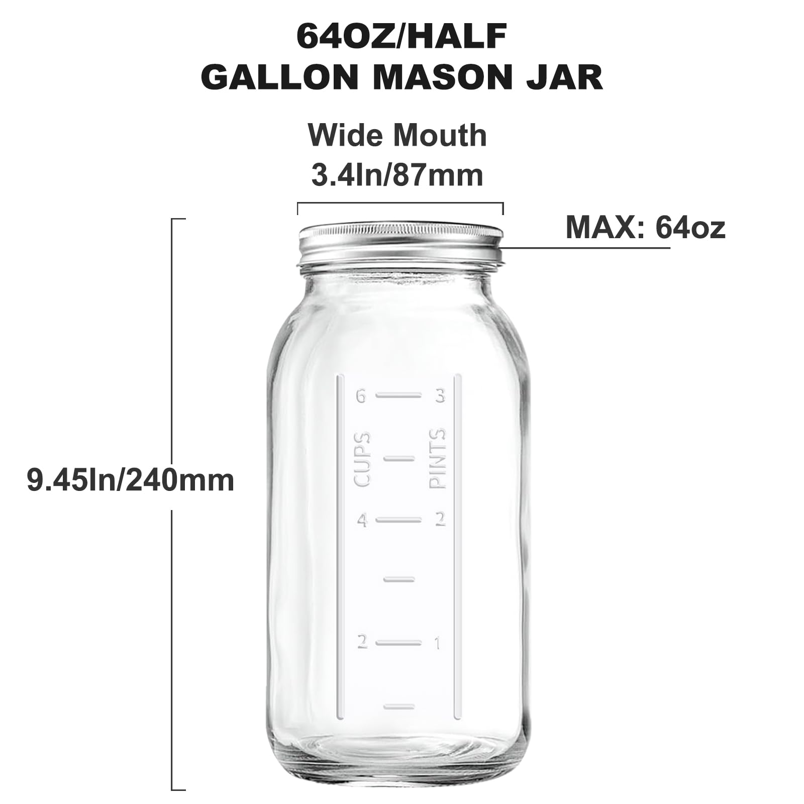 Xylanor 64 OZ Wide Mouth Mason Jars with Lids, Heavy Duty Glass Airtight Storage Canning Jar and Band Half Gallon / 2 Quart, Set of 3