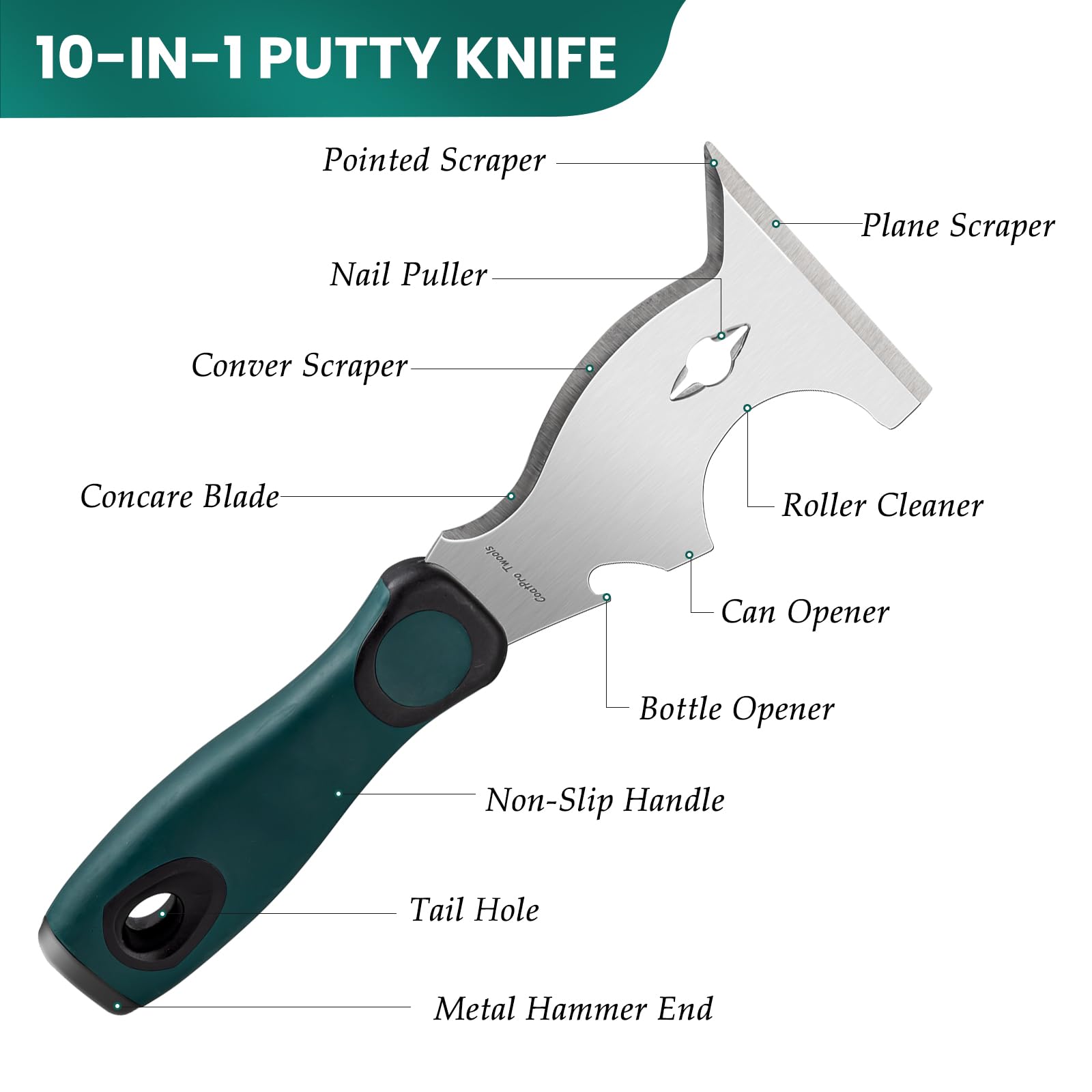 CoatPro Twools -Putty Knife, Paint Scraper, 10 in 1 Multi-Use Scraper Tool, Metal Scraper, Carbide Scraper with Hammer End, Paint Scrapers for Wood, Paint Scraper Tool for Painting