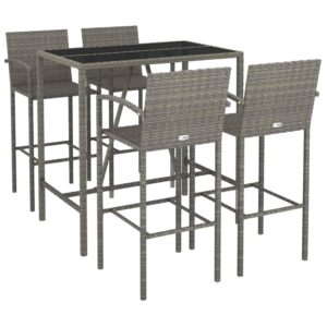 vidaxl 5 piece patio bar set - poly rattan outdoor furniture - gray - weather-resistant - tempered glass tabletop - easy assembly